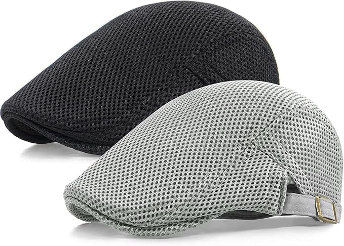 2 Pack Men's Mesh Cap Breathable Summer Newsboy Hat Adjustable Beret Ivy Cap Irish Cabbie Driving Hunting Hats