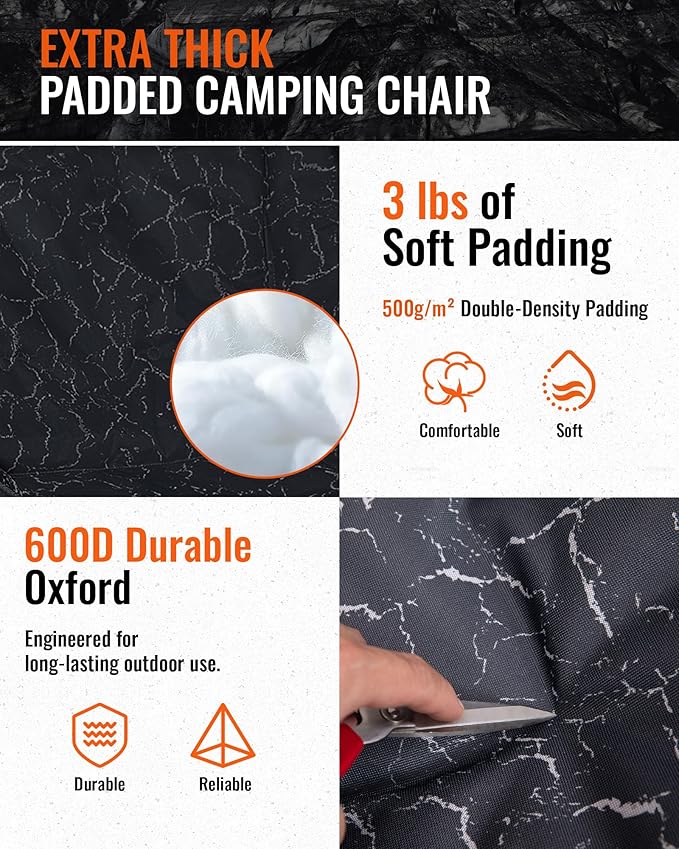 KingCamp Oversized XL Camping Chair, Heavy Duty 500lbs Folding Couch for Adults, Padded Large Comfortable Sofa Seat with Cooler Bag Cup Holder for Outdoor Sports Fishing Patio Lawn, Lava/Grey