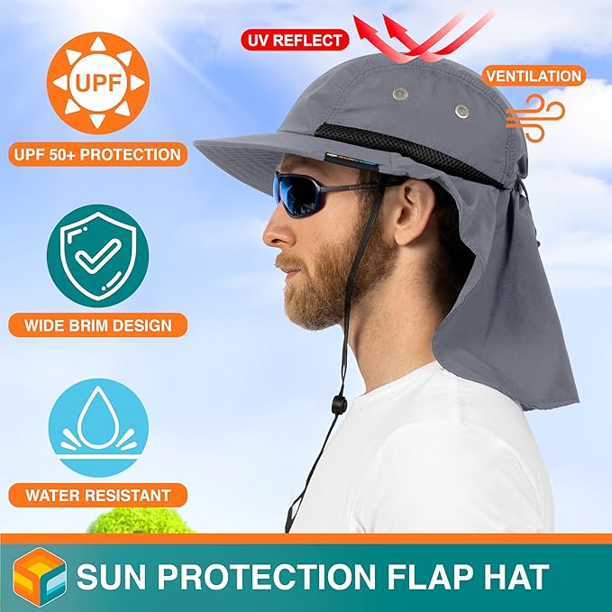 SUN CUBE Sun Hat for Men, Wide Brim Fishing Hat Neck Flap Cover Men, Women, Hiking, Camping, Sun Protection UV, Gardening