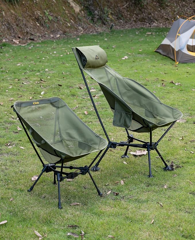 iClimb Ultralight Compact Camping Folding Beach Chair with Anti-Sinking Large Feet and Back Support Webbing (Green - Triangular Frame - 2PC)