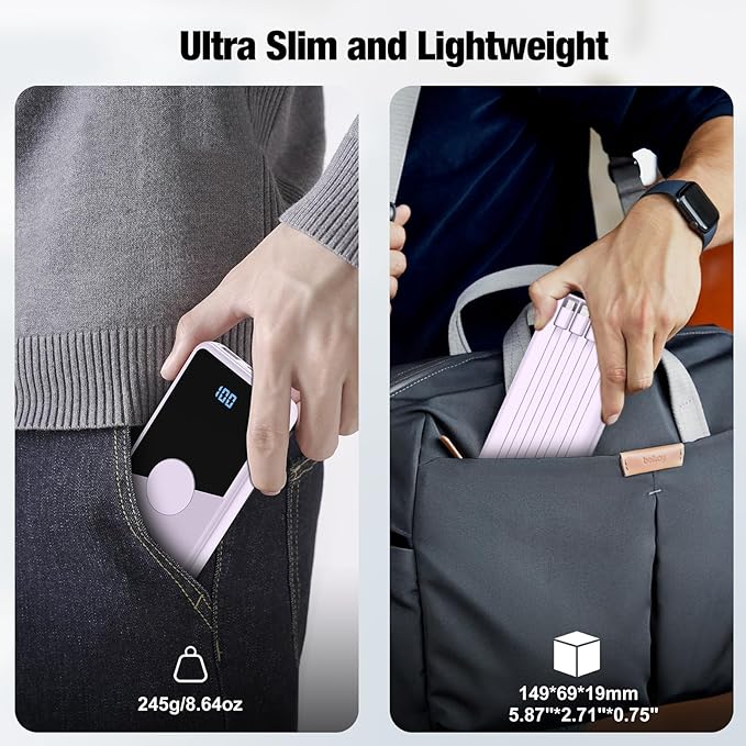 Portable Charger with Built in Cables,High Speed Power Bank 10000mAh Travel Battery Pack 5 Outputs 3 Inputs Portable Phone Charger Backup Battery for iPhone, Samsung, iPad,Tablets (Purple)