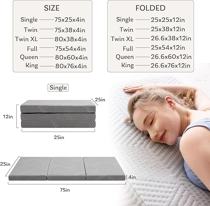 MLILY Tri-Fold Memory Foam Mattress, 4 inch Full Folding Mattress with Collapsible and Washable Cover, Travel and Guest Mat, 75"×54"×4", Grey
