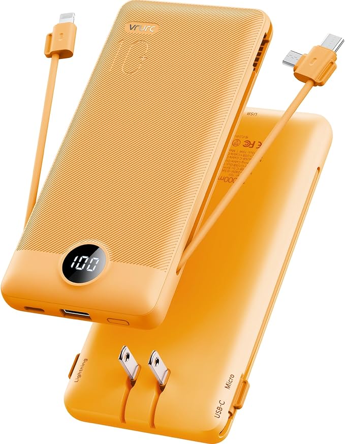 VRURC Portable Charger Built-in Cables and AC Wall Plug, USB C Power Bank 10000mAh, Travel Battery Phone Charger Compact Lightweight External Battery Pack for Smart Phones, Tablets etc-Orange