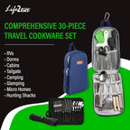30 Pcs Camp Cooking Utensil Set & Outdoor Kitchen Gear Cookware Kit, Portable Compact Carry Case for Camping, Hiking, Travel, BBQ Grilling Stainless Steel Accessories Spoon & Fork, Navy