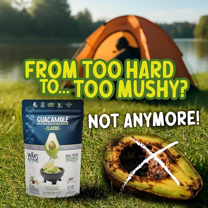 WAKS & SNACKS Freeze Dried Guacamole Classic |100% Fresh Hass Avocados, Perfect for Tortilla Chips | Energizes Camping & Hiking Meals | Vegan, Gluten-Free Guac Dip for Snacks | 2 Avocados | 2 oz, 1-Pack