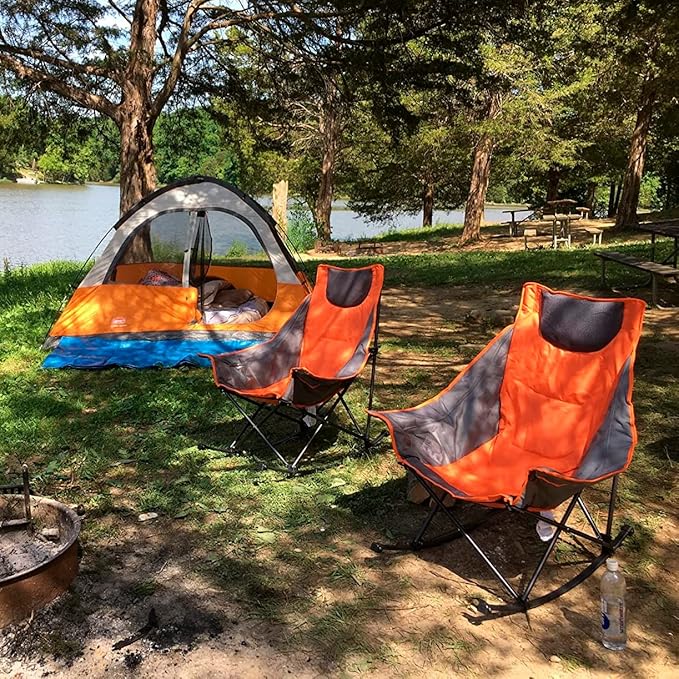 SUNNYFEEL Oversized Rocking Camping Chair, Fully Padded Patio Chair with Side Pocket, High Back Portable Lawn Recliner with Headrest, Outdoor Camp Rocker Chairs for Adults Heavy Duty 500 LBS