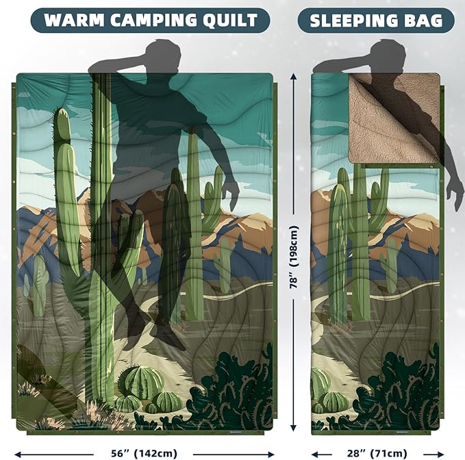 Outdoor Camping Blanket with Sherpa Lining, Extra Warm Thick Camp Blankets and Puffy Ultralight Soft Poncho DWR Camping Quilt for Cold Weather, Adventure, Sleeping, Backpacking 78"x 56"