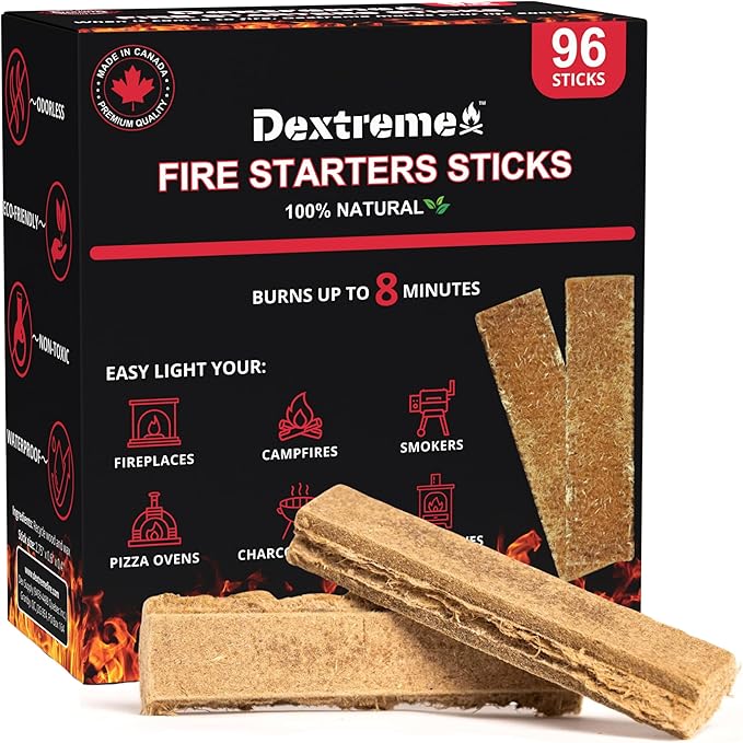 Dextreme Fire Starters Sticks 96 Pcs - Fire Starter for Campfire, Charcoal, BBQ, Grill Pit, Fireplace, Camping, Wood & Pellet Stove- 8 Minutes Burning Time - All weather, Odorless, Natural Firestarter