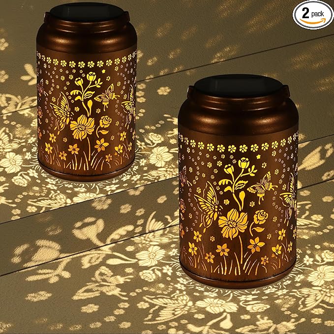 2 Pack Solar Lanterns Outdoor Waterproof, Butterflies Garden Decor Gifts for Women Mom Grandma Hanging Solar Lights Metal Decoration Outside for Yard, Patio