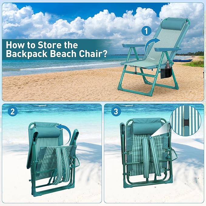 Suteck Backpack Beach Chair for Adults - 6-Position Folding Reclining Chair with Cooler Bag & Cup Holder, Lightweight Portable Beach Chair for Camping, Outdoor, Sand, Travel Use