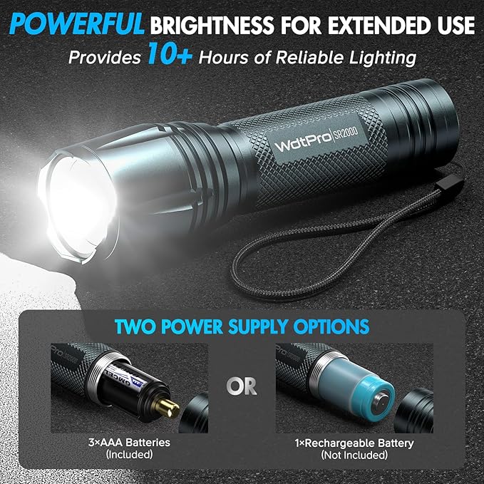 WdtPro LED Flashlight High Lumens SR2000 Pro, 2 Pack Brighter Tactical Flashlights with 5 Modes & Zoomable, Powerful Mini Flash Light for Emergency, Camping, Hiking (Grey)