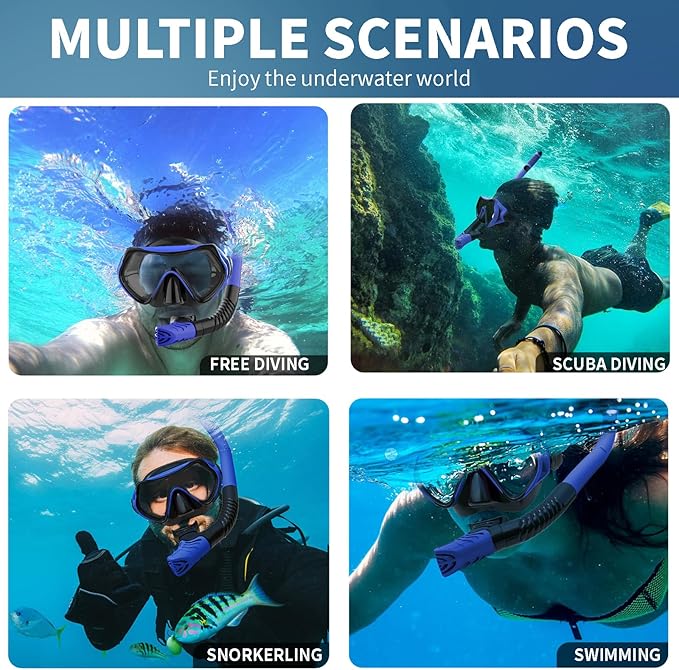 Snorkeling Gear for Adults, JRing Snorkel Mask Set with 180 Degree Tempered Glass Anti Fog Goggles Scuba Dry Top Snorkel for Swimming, Scuba Diving Mask for Men Women