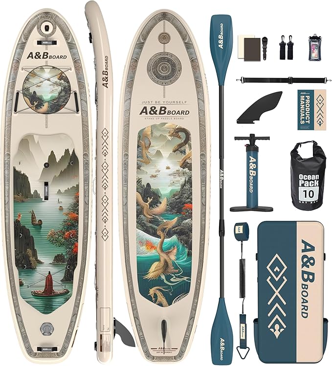 ABBOARD Inflatable Stand Up Paddle Boards - Extra Wide Fishing Paddleboard,Cool Design, Ultra Stable Standup SUP,15 D-Rings, 5 Handles,Camera Mount,100L Backpack, 10L Dry Bag,Youth/Adults