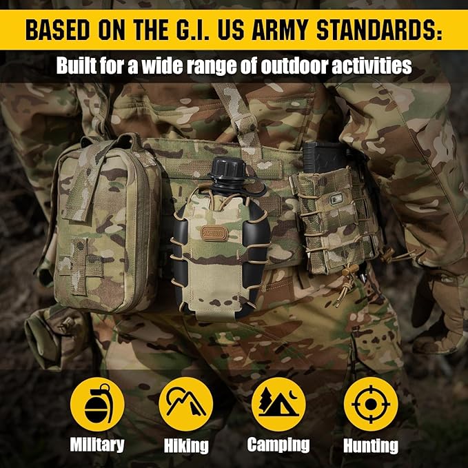 M-Tac Canteen Water Bottle - 1 Quart Water Canteen (34 Oz/1L) - Tactical Water Bottle for Military Hiking Camping Survival (Bottle & Cover Black)