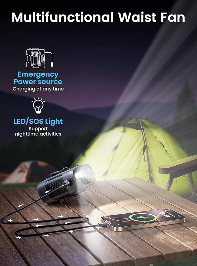Koonie Portable Waist Clip Fan, Wearable Belt Personal Device with 100 Levels Speeds, Rechargeable Battery Supports 24H Working Time, Cool Clip Fan Under Shirt for Outdoor Work Camping Travel