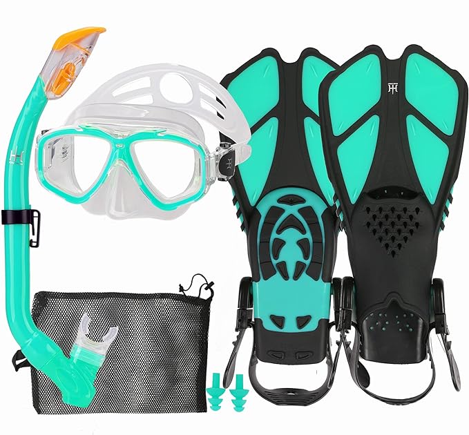 Kids Mask Fins Snorkel Set Snorkeling Packages, with Diving Mask, Snorkel, Adjustable Swim Fins, Mesh Bag, Anti-Fog Anti-Leak Snorkeling Gear for Kids for Snorkeling Swimming Diving