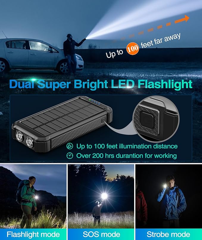 LATIMERIA 45800mAh Solar Charger Power Bank, Portable Phone Charger with 5V3.1A QC 3.0 Fast Charging, Solar Panel USB C in/Output for Cellphone, External Battery Pack with Dual Flashlights for Hiking