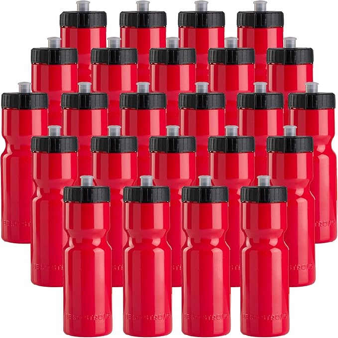 50 Strong Bulk Water Bottles | 24 Pack Sports Bottle | 22 oz. BPA-Free Easy Open with Pull Top Cap | Made in USA | Reusable Plastic Water Bottles for Adults & Kids | Top Rack Dishwasher Safe