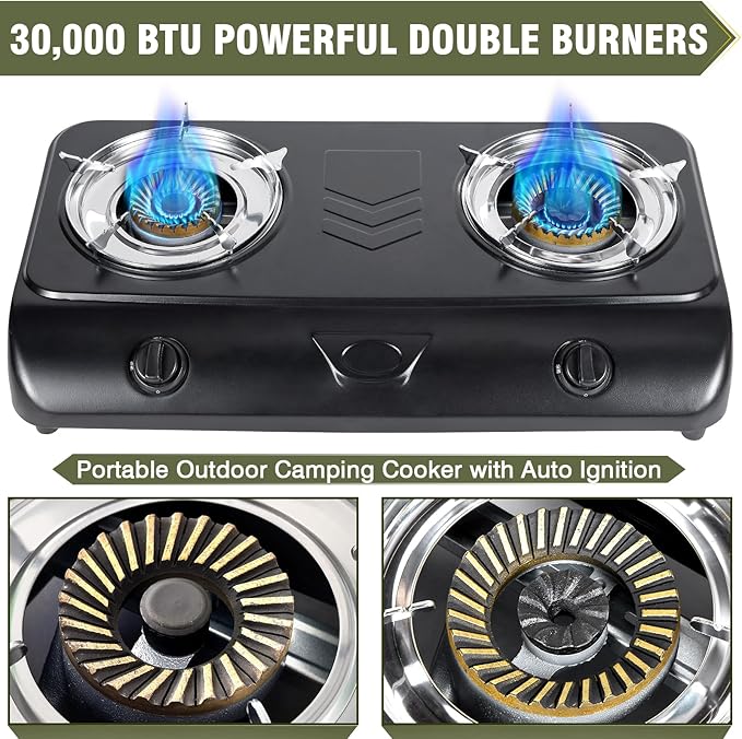 BESTFIRE 30000 BTU Double Burner Propane Gas Stove, Portable Outdoor Camping Cooker with Auto Ignition, Rust-Resistant Alloy Steel, CSA Regulator & Hose, for BBQ, RV, Tailgating, 28.74"×14.76"×5.51"