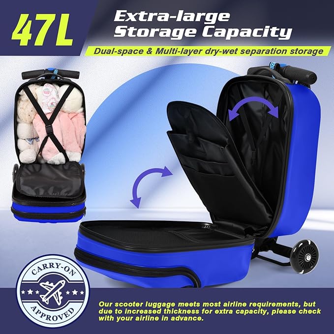 smilesun Foldable Ride On Scooter Suitcase with Front Opening, Lightweight Carry On Scooter Luggage for Adults, Teens & Kids（Blue 20-inch）