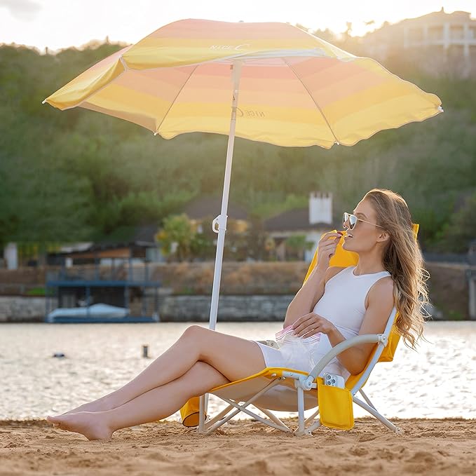 Nice C Beach Chair, Beach Chairs for Adults with Umbrella and Cooler, High Back, Cup Holder & Carry Bag & Heavy Duty Compact Outdoor, Camping (Set of Yellow)