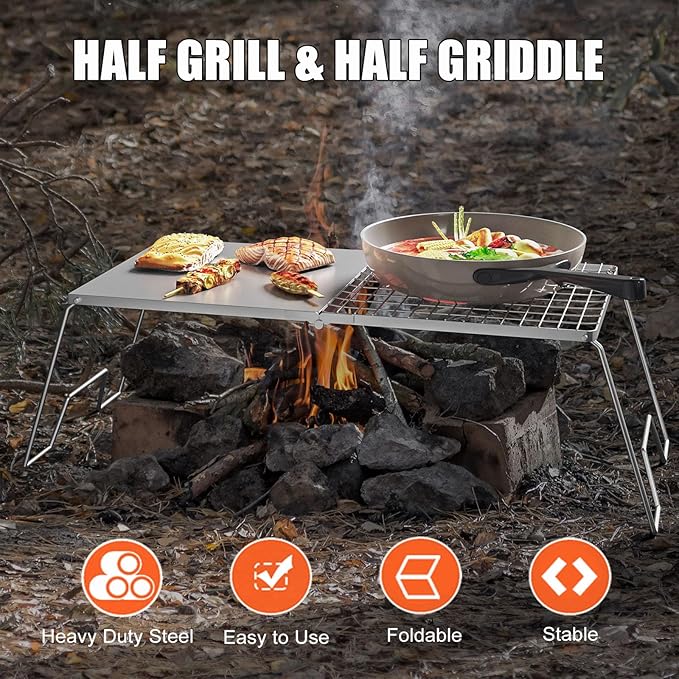 Folding Campfire Grill, 23.6" Heavy Duty Stainless Steel Grill, Grates Over Fire Pit, Portable Outdoor BBQ Camping Grill