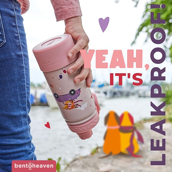 Bentoheaven Kids Water Bottle Stainless Steel for Boys & Girls, 2 Lids (Chug & Straw), Handle & Silicone Boot, Reusable Metal Leak-proof Insulated Tumbler, School & Sports 17oz (Pink)