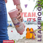 Bentoheaven Kids Water Bottle Stainless Steel for Boys & Girls, 2 Lids (Chug & Straw), Handle & Silicone Boot, Reusable Metal Leak-proof Insulated Tumbler, School & Sports 17oz (Pink)