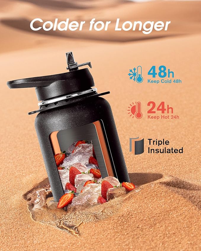 Coolflask 32 oz Water Bottle with Strap, Insulated Metal Water Flask with Straw & Spout Lids, Stainless Steel Double Wall Vacuum, Keep Cold 48h Hot 24h, Leak Proof & Non-BPA, Magic Black
