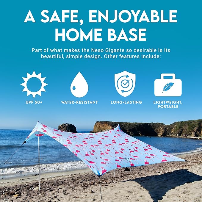 Neso Gigante - Portable Beach Tent - Ideal to Enjoy with Family and Friends - UPF 50+, Water-Resistant, and Lightweight - Flamingos, 11' x 11'