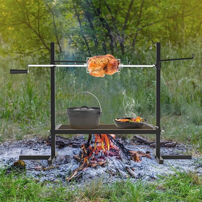only fire Adjustable Grill Rotisserie System and Spit, Over Fire Camp Grill with Cooking Grate for Outdoor Open Flame Cooking