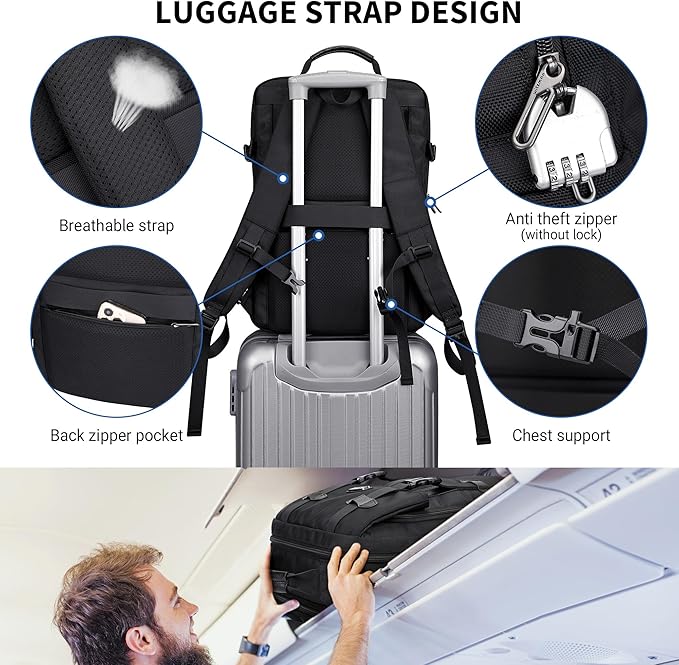 WITZMAN Travel Laptop Backpack for Men Fit 16 inch Computer Carry-on Airline Approved with USB Charging Port(B716 Black)