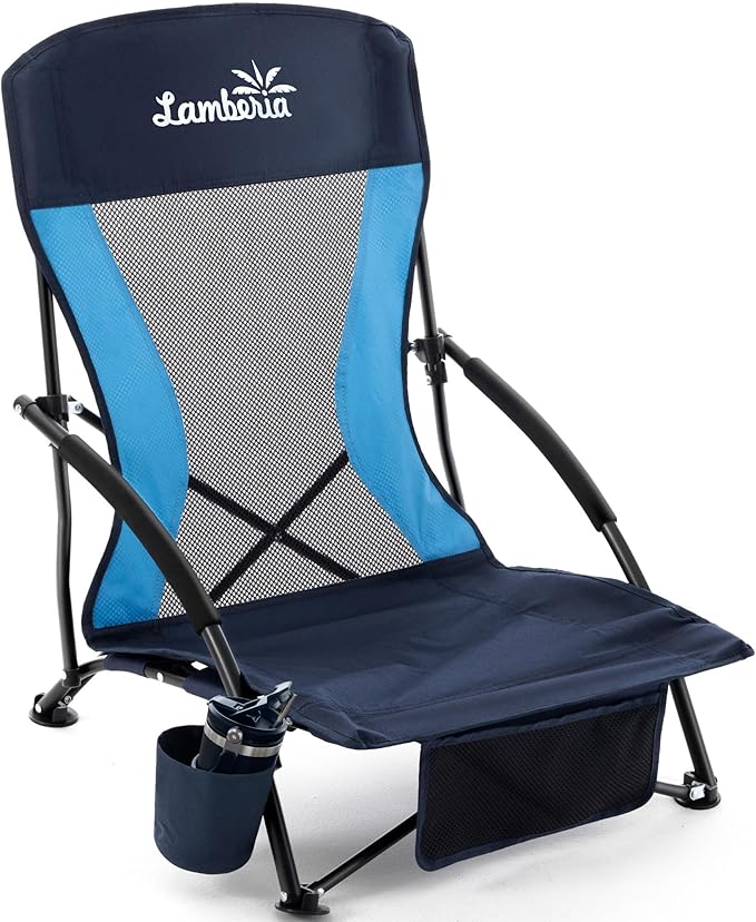 Lamberia Folding Beach Chair for Adults, Portable Low Beach Chairs with 300lbs Capacity, Lightweight Fodable Camping Chair for Travel, Picnic, Concert & Outdoor Activities, Navy Blue