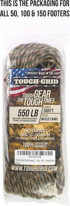 TOUGH-GRID 550 Paracord Rope Nylon Parachute Cord, Made in USA Survival Kit, Outdoor Adventures, Camping, Tactical Gear & Emergency Supplies, Military Type III Mil-Spec