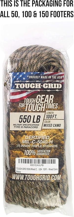 TOUGH-GRID 550 Paracord Rope Nylon Parachute Cord, Made in USA Survival Kit, Outdoor Adventures, Camping, Tactical Gear & Emergency Supplies, Military Type III Mil-Spec