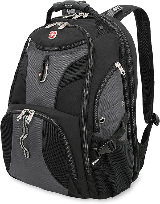 SwissGear 1900 ScanSmart 17” Laptop Backpack Grey/Black – Reflective Tech Backpack with ScanSmart Compartment – Multiple Organizer Pockets & RFID Scan Blocking Technology
