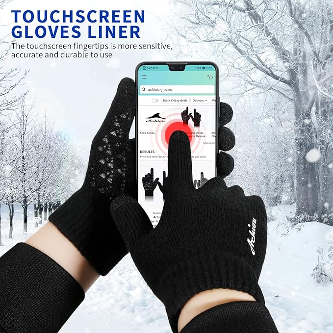 Achiou Winter Gloves for Men Women, 2 Pairs Touch Screen Texting Warm Running Gloves Thermal Soft Knit Lining, Elastic Cuff
