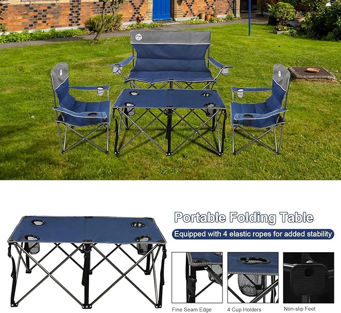 Northroad Folding Camping Chair Set of 4,Portable Collapsible Conversation Set w/1 Sofa,2 Single Chairs and 1 Table for Family Patio,Outdoor Travel,Beach(Blue)