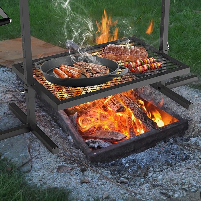 only fire Adjustable Grill Rotisserie System and Spit, Over Fire Camp Grill with Cooking Grate for Outdoor Open Flame Cooking