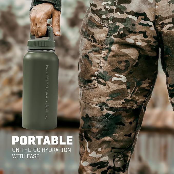 ONETIGRIS 32 oz Insulated Water Bottle with Straw - Tactical Stainless Steel Water Jug, Leakproof Wide Mouth Sport bottle with 3 Lids and Sleeve for Travel, Gym, Camping, Hiking
