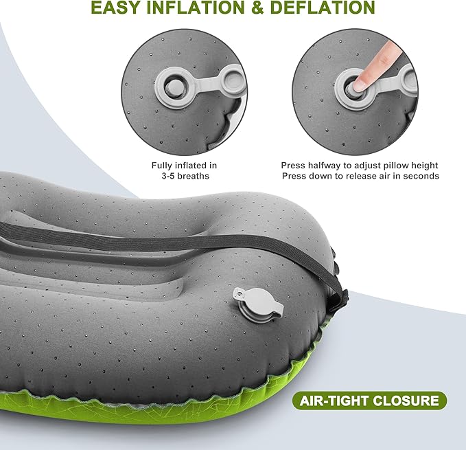 Inflatable Camping Pillow, Travel Blow Up Air Pillow, Neck Lumbar Support Ultralight Compact Pillow for Outdoor Hiking Backpacking Car Beach Airplane Sleeping Essentials, Green