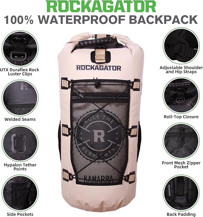 Kanarra 90L Waterproof Backpack for Camping, Hiking, Mountaineering, Backpacking, Hunting, Fishing, Canoeing, Outdoor Activities, The Wet Outdoors - Large Capacity, Roll Top Closure, Tan