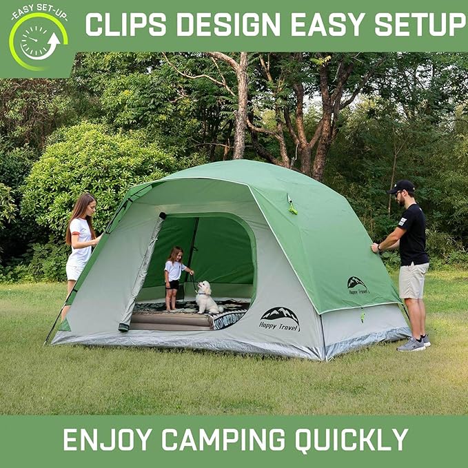 Happy Travel Camping Tent, 4/6 Person Dome Tents for Camping with Rainfly, Waterproof Clip Easy Setup Portable Family Tent with Mesh Windows, 20% More Headroom Backpacking Tents for Camping & Hiking