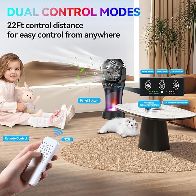 Misting Fan Portable Camping Fan 42800mAh Battery Powered with Remote Control, RGB Ambient Light with 2L Bucket, Battery Indicator, 120° Auto Oscillating, Timing Function, Grip Handle