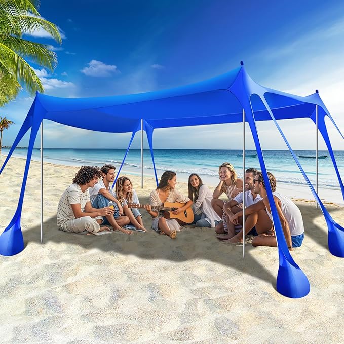 Rhino Valley Beach Tent Shade Canopy UPF50+ Protection, 8 Sandbags, 4 Stability Poles, Outdoor Sun Shelter Umbrella for Sand, Camping, Fishing Essentials