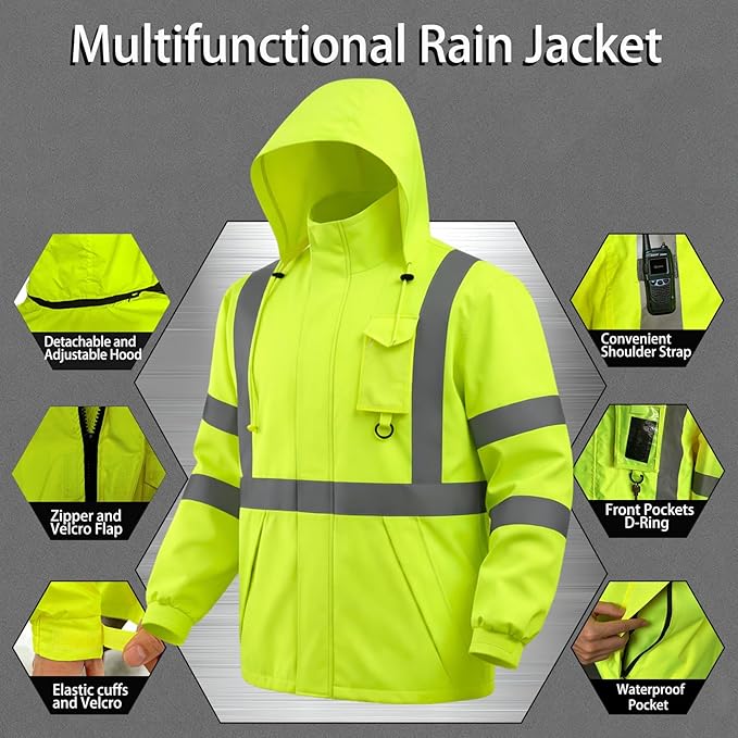 Hi Vis Class 3 Safety Rain Jacket for Men Waterproof, Reflective High Visibility Rain Gear Construction Rain Suit (Yellow 4XL/5XL)