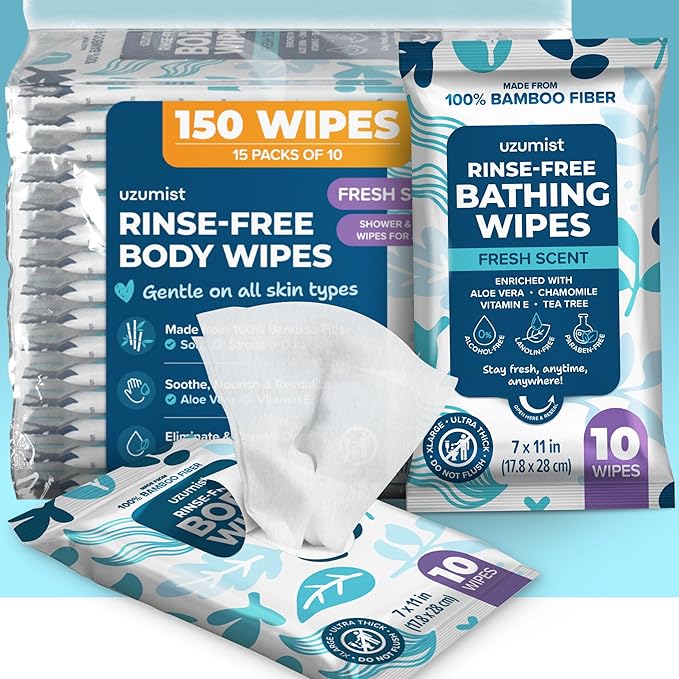 Body Wipes For Adults Bathing No Rinse 150pc XL - Ultra Thick Shower Wipes For Men Women - Personal Cleansing, Hygiene & Camping Essentials, Elderly Care, Travel, Incontinence Disposable Washcloths