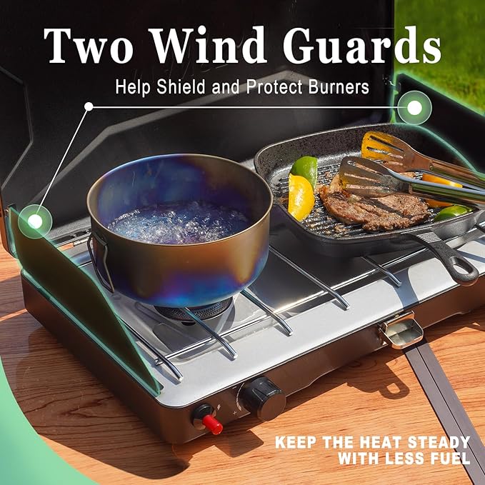 VANSTON 2-Burner Propane Camping Stove, 20,000 Total BTUs Portable Gas Camping Grill, Stovetop with Adjustable Burners, Wind Guards, Heavy-Duty Latch, Built-in Carrying Handle, Pressure regulator