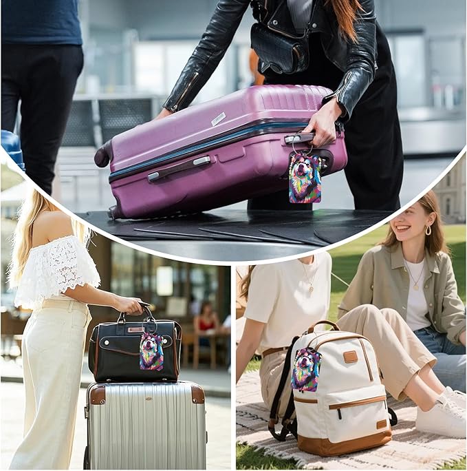 3 Pack Colorful Dog Luggage Tags for Suitcase Cute Animal PU Leather Travel Luggage Tag Privacy Cover ID Label for Women Men Baggage Backpack Handbag School Bag