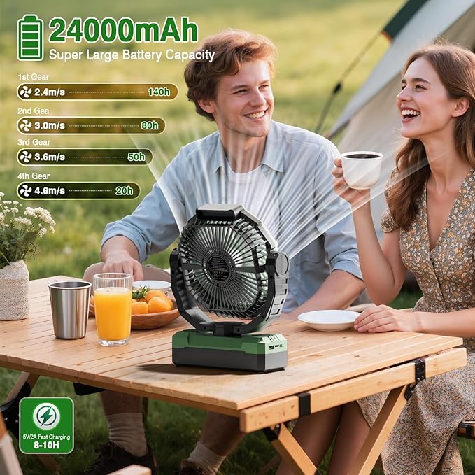 FRIZCOL 3-in-1 Camping Fan - Portable Fans Rechargeable - 24000mAh Battery Powered Fan(140Hrs) with Light & Remote for Indoor, Outdoor, Tent, Travel, BBQ, Fishing, Jobsite - Green